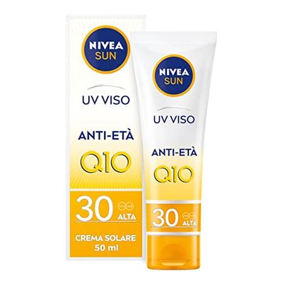 NIVEA SUN UV Viso Anti-Età FP 30 in Tubetto da 50 ml, Crema Viso Antirughe con Coenzima Q10, Crema Solare viso 30 per uso Giornaliero, Crema Antimacchia viso con azione anti-età