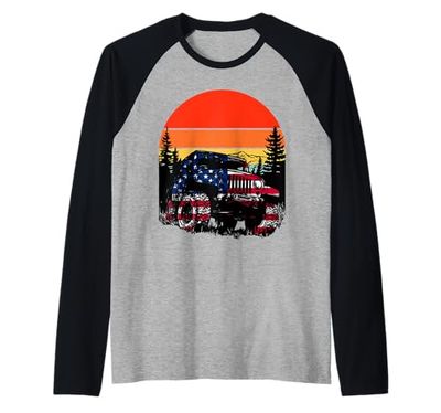 4x4 Bandiera Americana Camion Estate Tramonto Strada Maglia con Maniche Raglan