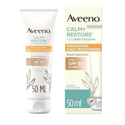 Aveeno CALM+RESTORE Nourishing Daily Moisturiser (1 x 50ml), Fragrance-Free Face Moisturiser with SPF 30, Broad Spectrum, with Soothing Oat & 100 Mineral UV Filters, for Normal to Dry Skin