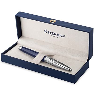 Waterman Carène pluma estilográfica | Metalizada y lacada en azul | Capuchón labrado | Plumín mediano de 18 K | Tinta azul | Estuche de regalo