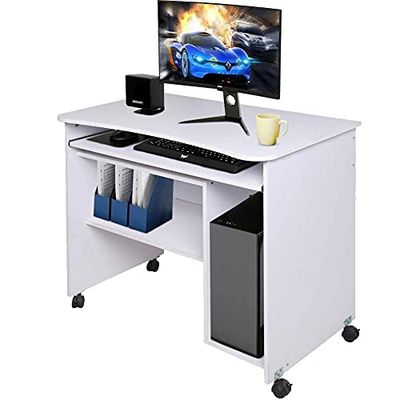 BAKAJI Bureau met uittrekbare toetsenbordplank, onderste plank en pora-computertafel, werktafel, pc-deur van MDF-hout met 4 wielen, moderne inrichting voor thuis, kantoor, kinderkamer (wit)