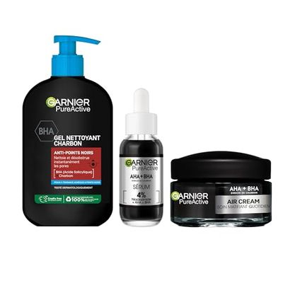 GARNIER - Routine anti-imperfections & Anti-Points Noirs enrichie en Charbon et BHA + Gel Nettoyant Visage - Sérum - Air Cream + Soin Matifiant Quotidien Peaux Mixtes à Grasses à Tendance Acnéique
