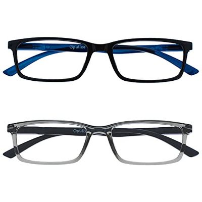 OPULIZE See - Occhiali da Lettura Filtro Set da 2 Luce Blu Montatura Stretta Cerniere a Molla Migliorano il Sonno Gaming Computer Anti Riflesso Nero Grigio Uomo Donna BB9-17 +3.50