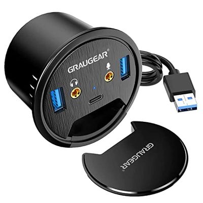 GRAUGEAR USB 3.0 table hub, 3 ports, 1 x USB-C, 2 x USB-A, audio I/O, installation in 60 mm desk hole, cable length 150 cm, dust cover, 5 Gbit/s, G-THUB-AU-60