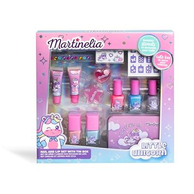MARTINELIA - Cofanetto di bellezza unicorno per bambini - Set di trucco per ragazza: 5 smalti per unghie + 2 lucidi + 1 scatola in metallo + accessori e stencil per nail art - Regalo per ragazza da 3