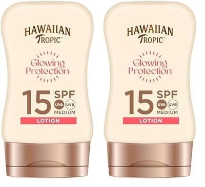 Hawaiian Tropic Satin Protection MINI Ultra Radiance - Loción Solar Protectora SPF 15, Protege y Suaviza la Piel, Fragancia Frutas Tropicales, Formato Viaje 100 ml (Paquete de 2)