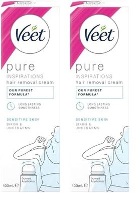 Veet Pure Hair Removal Cream, Bikini & Underarm, Sensitive Skin, 100ml each, BodyCurv Domed Applicator, Long Lasting Smoothness, Hydrates & Exfoliates Skin, Pleasant Fragrance (Packaging may vary)
