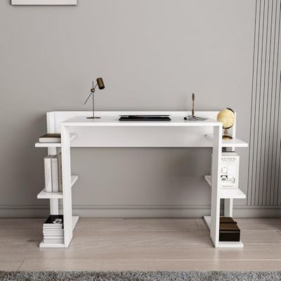 Modern Study Desk, wit, 122,7 x 77 x 45 cm, 100% melamine gecoat deeltjesbord, 18 mm dik, stijlvol en functioneel voor thuiskantoor en studeerkamer