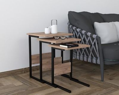Hanah Home Stylish Nesting Table Set (3 stycken) – Black & Atlantic Pine, 100% melaminbelagd, järnben, stor: 40 x 55 x 40 cm, Medium: 36 x 50 x 36 cm, small: 32 x 45 x 32 cm | Perfekt för moderna