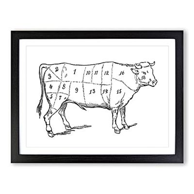 Butchers Beef Cow Map Meat Cuts Vintage Framed Wall Art Print, Ready to Hang Picture for Living Room Bedroom Home Office Décor, Black A3 (46 x 34 cm)