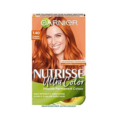 Garnier Nutrisse Ultra Color Permanent Hair Dye, Up to 100% Grey Coverage, 8-weeks Long-Lasting Colour, No Ammonia, Vegan (Shade: 7.40 Copper Passion)