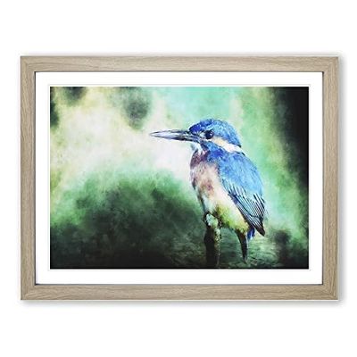 The Kingfisher Bird Looking West Painting Modern Art Framed Wall Art Print, Ready to Hang Picture for Living Room Bedroom Home Office Décor, Oak A2 (64 x 46 cm)