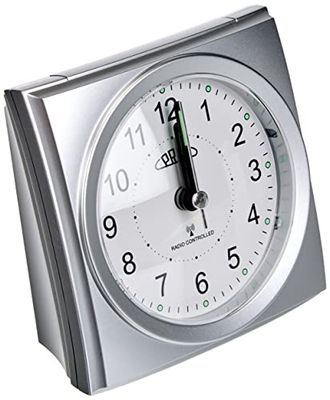 PRIM Radio-Controlled Alarm Clock with Smooth Flow, Plastic Alarm Clock, Silver & White, Alarm Amplifier, Repeat Alarm, Light Function, Quartz Movement, Precise and Quiet Operation