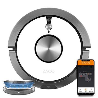 ZACO A9sPro robot aspirateur laveur avec WiFi, Alexa, Google, app - robot autonome intelligent 2en1, navigation cartographie, caméra, nettoyeur lavant pour sols durs, tapis, poil animaux, blanc neige