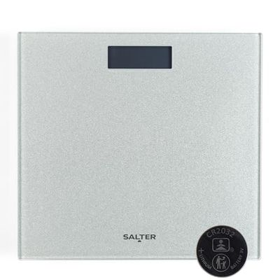 Salter 9037 SVGL3R Báscula Digital De Baño Con Purpurina Plateada, Plataforma Fina De Vidrio Templado Balanza Con Pantalla LCD Grande Y Fácil De Leer, Máx. 180 kg/28 st 8 lb