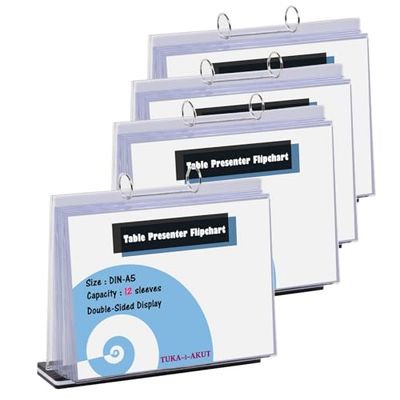 TUKA-i-AKUT 4x Espositore da Tavolo in Acrilico, A5 Orizzontale, Lavagna a fogli mobili per Presentazioni, Presentatore con Base, Supporto Menu Segno Poster, 12 Buste Trasparenti, TKD8210-A5-4x