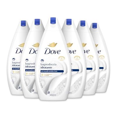 Dove Bagnodoccia Idratante, Formula con Idratante Dermo-Naturale, con 1/4 di Crema Idratante, Dermatologicamente Testato, Bagnoschiuma Uomo e Donna, 100% Bottiglia Riciclata* 6 Pezzi x 450 ml