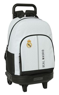 Real Madrid 1ère équipe 24/25 - Grand Sac à Dos à roulettes, Compact, Amovible, idéal pour Enfants de différents âges, Confortable et Polyvalent, qualité et résistance, 33 x 22 x 45 cm, Blanc/Gris,