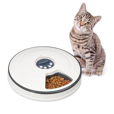 Relaxdays Dispenser Cibo Gatti, Distributore Automatico, Ciotole per 6 Porzioni e Timer, HxD: 5,5x30,5 cm, Bianco Grigio