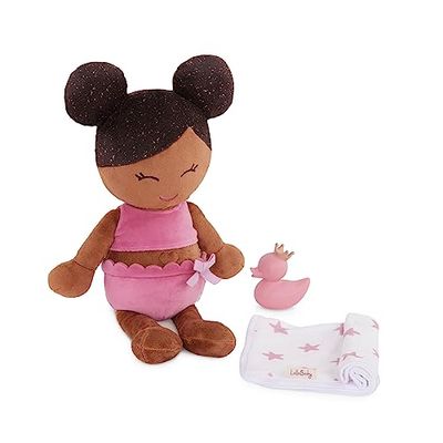 LullaBaby Baby Girl Bath Doll – 14 inch Baby Girl Dolls, Plush Water Toy, Warm Skin Tone & Dark-Brown Hair, Cute Rubber Duck, Water-Safe Bathtime Toy for Ages 2+