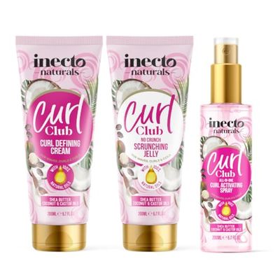 INECTO Naturals Styling Trio Bundle Curl Club No Crunch Scrunching Jelly 200ml + Curl Defining Cream 200ml + Curl Activating Spray 200ml
