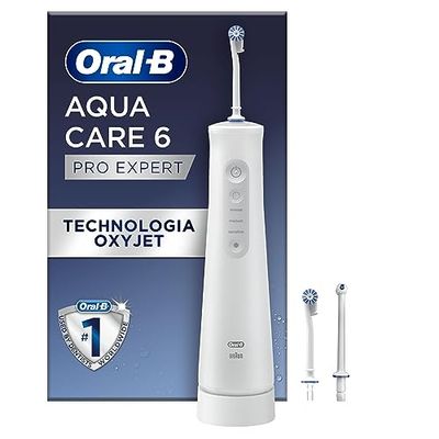 Oral-B AquaCare Pro-Expert Seria 6 Irygator z Technologią Oxyjet, 3 Końcówki, 2 Rodzaje Strumieni Wody Dla Delikatnego Czyszczenia Zębów i Dziąseł, Także W Przypadku Aparatów Dentystycznych, Biały