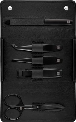 ZWILLING Set de manicura y pedicura, estuche de piel de vacuno, 5 piezas con cortaúñas, serie negra premium, color negro