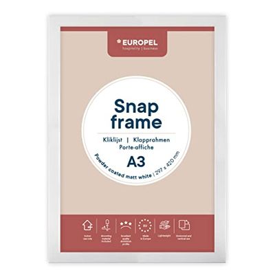 Europel Marco ligero A3, acabado con recubrimiento en polvo blanco mate, perfil 25 x 11 mm, aluminio anodizado, protector antirreflectante, dimensiones externas 328 x 451 mm, parte trasera de