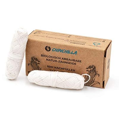 Chinchilla® 2 ricariche da 30 metri di filo interdentale vegano, senza plastica, ecologiche e compostabili, 60 m in sacchetto di amido di mais