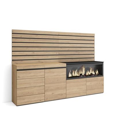 Skraut Home | Buffet, Bahut | Meuble de Rangement | 214x145x35 cm | Chambre à Coucher, pièce | Cheminée électrique XXL | Commode, Buffet | Style Moderne | Chêne