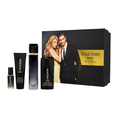 Paris Hilton Gold Rush Man For Men 4 Pc Gift Set 3.4oz EDT Spray, 0.5oz EDT Spray, 3.0oz Hair Body Wash, 2.75oz Alcohol Free Deodorant Stick