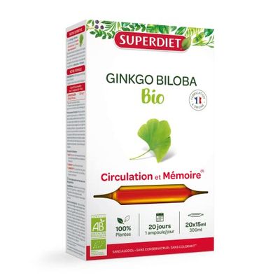 SUPERDIET - GINKGO BILOBA BIO - Circulation & Mémoire - Fabrication et Origine France- 20 ampoules de 15 ml