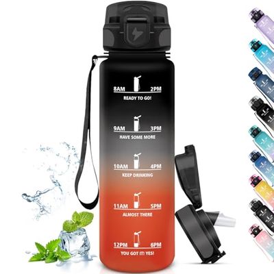 Grsta Drinkfles, 1 liter, lekvrije fitnessfles, motiverende waterfles met tijdschaal, fles met rietje, gemakkelijk te reinigen, drinkfles voor sport, fitness, fietsen, zwart-rood