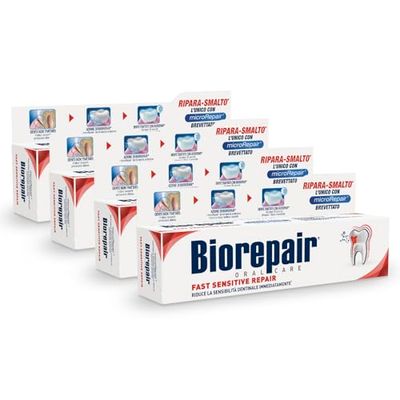 Biorepair , Fast Sensitive Repair Pasta do zębów, 4 opakowania po 60 ml, zmniejsza wrażliwość zębów i łagodzi ból wrażliwym zębom w 30 sekund, chroni i naprawia szkliwo, bez fluoru