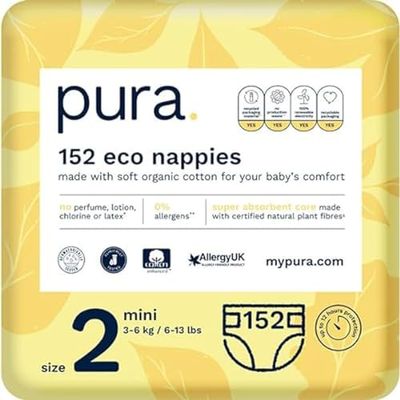 Pura Pannolini Ecologici, Taglia 2 (Mini 3-6kg), 152 Pannolini (4 Confezioni da 38), Scatola Mensile, Certificati EU Ecolabel, Cotone Biologico, Senza Profumo, Indicatore di Umidità