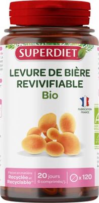 SUPERDIET - LEVURE DE BIÈRE REVIVIFIABLE BIO - BEAUTÉ CHEVEUX, ONGLES, PEAU- Phytothérapie - Fabrication française - 120 comprimés
