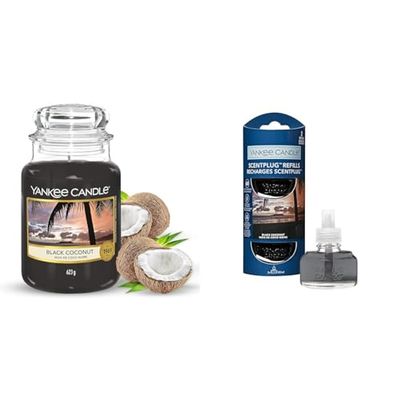 Yankee Candle, Scented Candle, Black Coconut Large Jar Candle, Burn Time & ScentPlug Fragrance Refills | Black Coconut Plug in Air Freshener Oil | Up to 60 Days of Fragrance