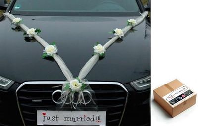 Autoschmuck Organza M Décoration de voiture de mariage ruban organza et roses (écru/blanc)