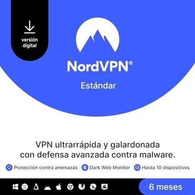 NordVPN Estándar - Suscripción de 6 meses a VPN y software de ciberseguridad para 10 dispositivos - Bloquea malware, enlaces maliciosos y anuncios, y protege la información personal [código online]