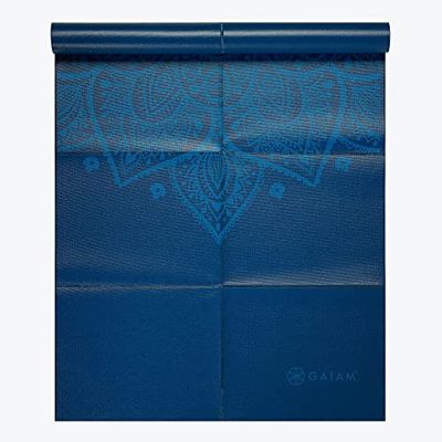 Gaiam Yogamat, opvouwbare reis-fitness- en oefenmat, opvouwbare yogamat voor alle soorten yoga, pilates en vloertraining, blauwe zonnewijzer, 2 mm