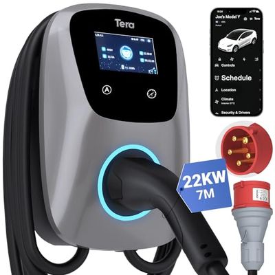 Tera Chargeur Voiture Électrique Triphasé Type 2: Borne de Recharge Véhicule Électrique 22kw 32A 400V Prise CEE Puissance Courant Réglable CE Certifié 7M Câble de Charge Compatible avec EV PHEV W01