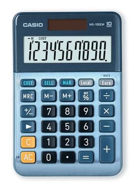 Casio MS-100EM - Calculadora de Escritorio con Pantalla Extra-Grande de 10 dígitos, con energía Solar/batería, con cálculo avanzado de Porcentaje, conversión de Moneda en Euros, Azul