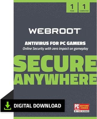 WEBROOT Antivirus for PC Gamers 2024 | Optimizador del rendimiento del sistema | 1 dispositivo | 1 año | Windows | Código de activación por email