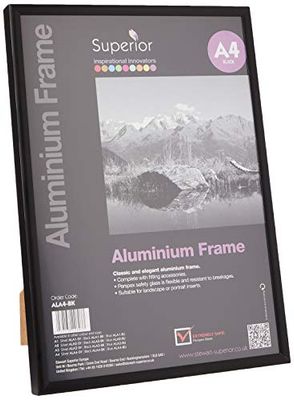 Stewart Superior A4 horizontal/vertical con vidrio cristal de seguridad aluminio marco de fotos – negro