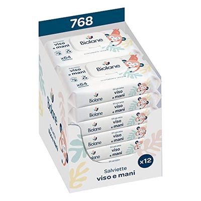 BIOLANE - Chusteczki nawilżające dla niemowląt do twarzy i dłoni – opakowanie zawiera 12 x 64 (768 chusteczek nawilżających) – chusteczki nawilżające dla niemowląt od urodzenia – formuła 97%