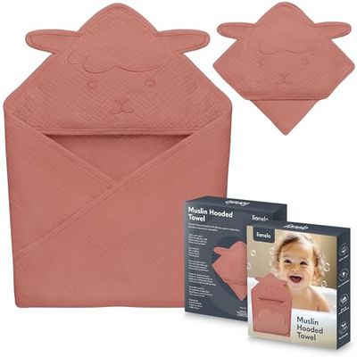 lionelo Baby Hooded Towel 100% Natural Muslin Cotton 80x80cm Absorbent Bath Towel with Hood for Newborns & Toddlers 6 Colours Soft & Breathable, Swaddle Muslin, Nursery Blankets (Red, 80x80 cm)