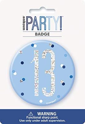Unique Party 83516 Blauw Rond Prismatisch 13e Verjaardag Badge 1 STC, Leeftijd 13