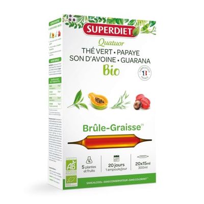 SUPERDIET - QUATUOR BRÛLE-GRAISSE BIO - Minceur -Thé vert, Papaye, Son d'avoine, Guarana -Fabrication française - 20 ampoules de 15ml