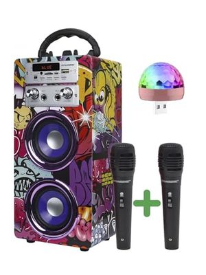 Máquina de Karaoke Portátil DYNASONIC, Altavoz Karaoke con 2 Micrófonos, Altavoz Bluetooth, Luz USB incluida, Lector USB y SD, diseño Exclusivo, Regalo Original (025-12 luz)
