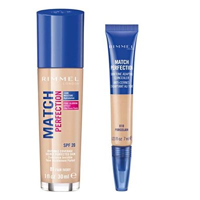 Rimmel Match Perfection Fair Ivory Foundation + Porcelain Concealer Bundle (Colour Matched by Manufacturer)
